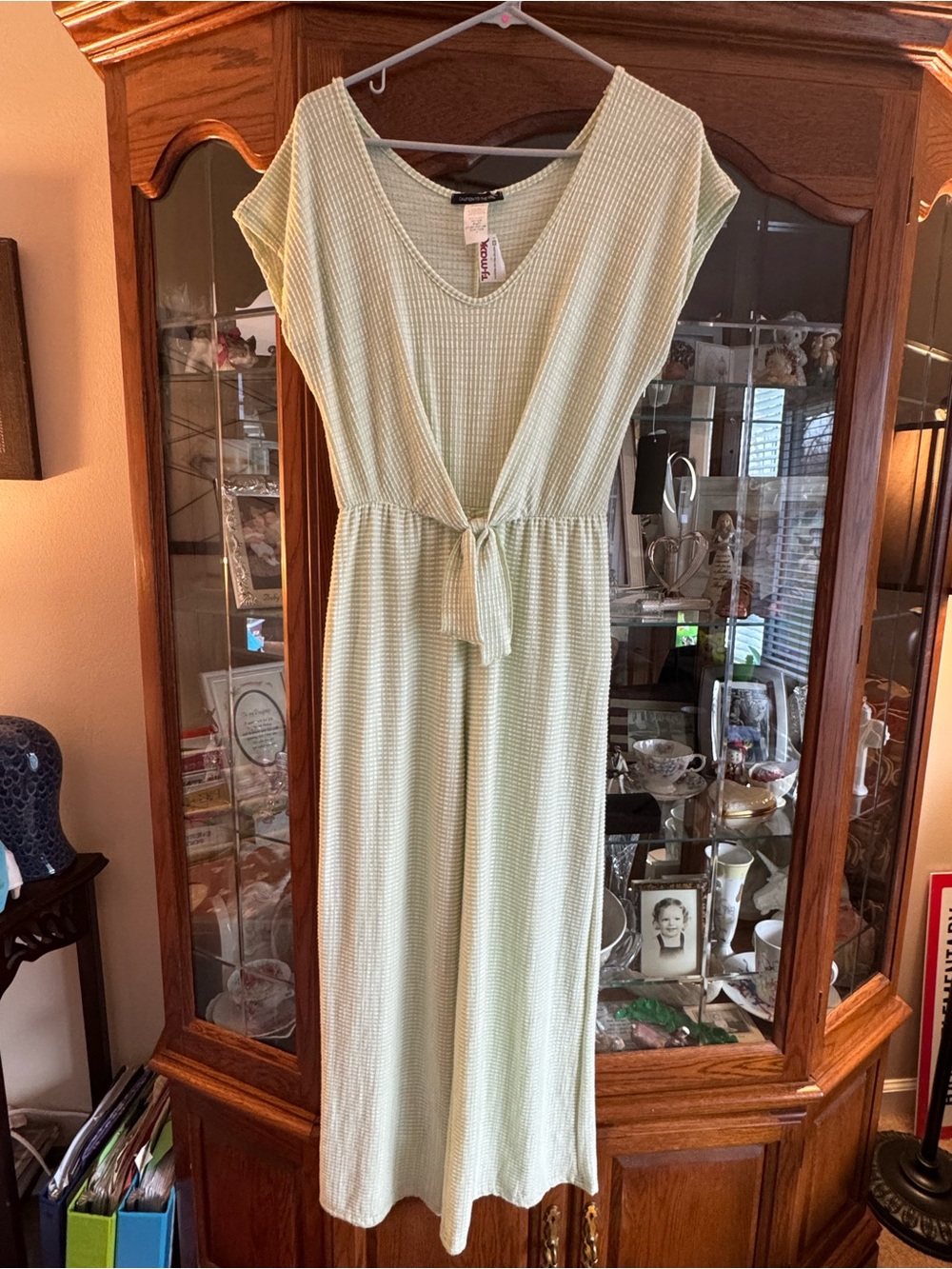 Caution To The Wind Light Sage Tie-Front Design Jumpsuit